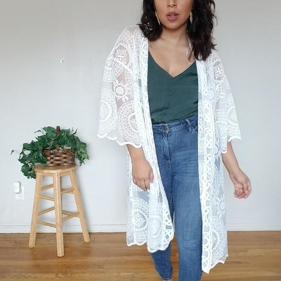 CON CALMA WHITE EMBROIDERED KIMONO CARDIGAN - Picture 8 of 10